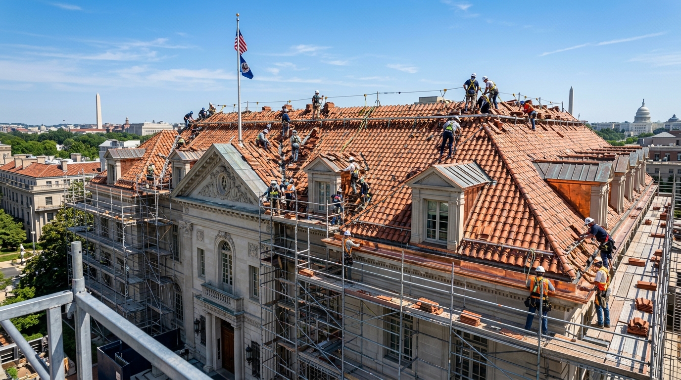 Commercial and institutional tile roof repair on historic embassy building in Washington DC