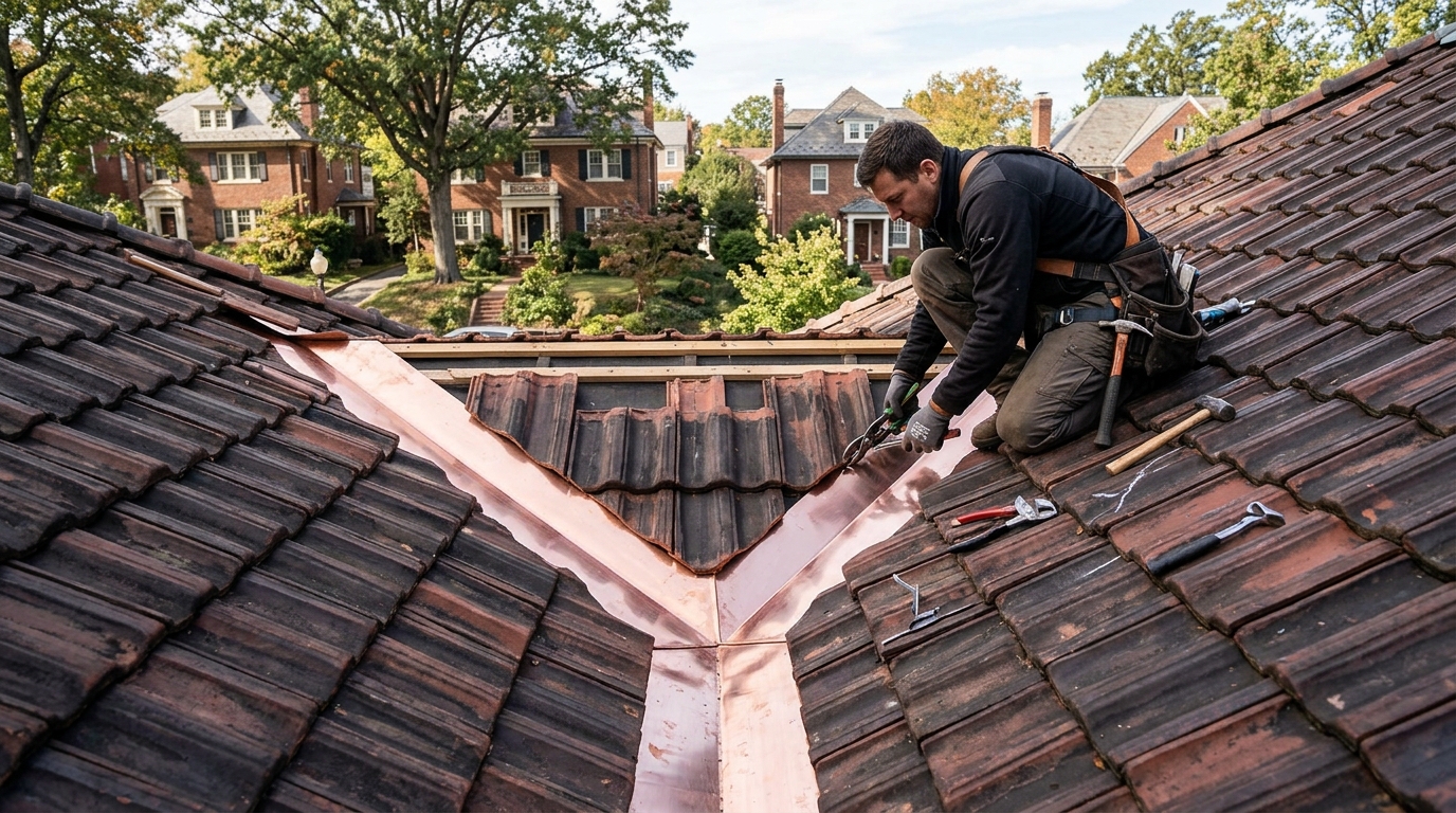 Custom copper valley pan fabrication for tile roof restoration in Washington DC