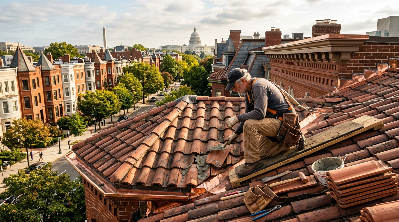 Master tile roofing artisan repairing historic clay barrel tiles on Washington DC rowhome overlooking the Capitol