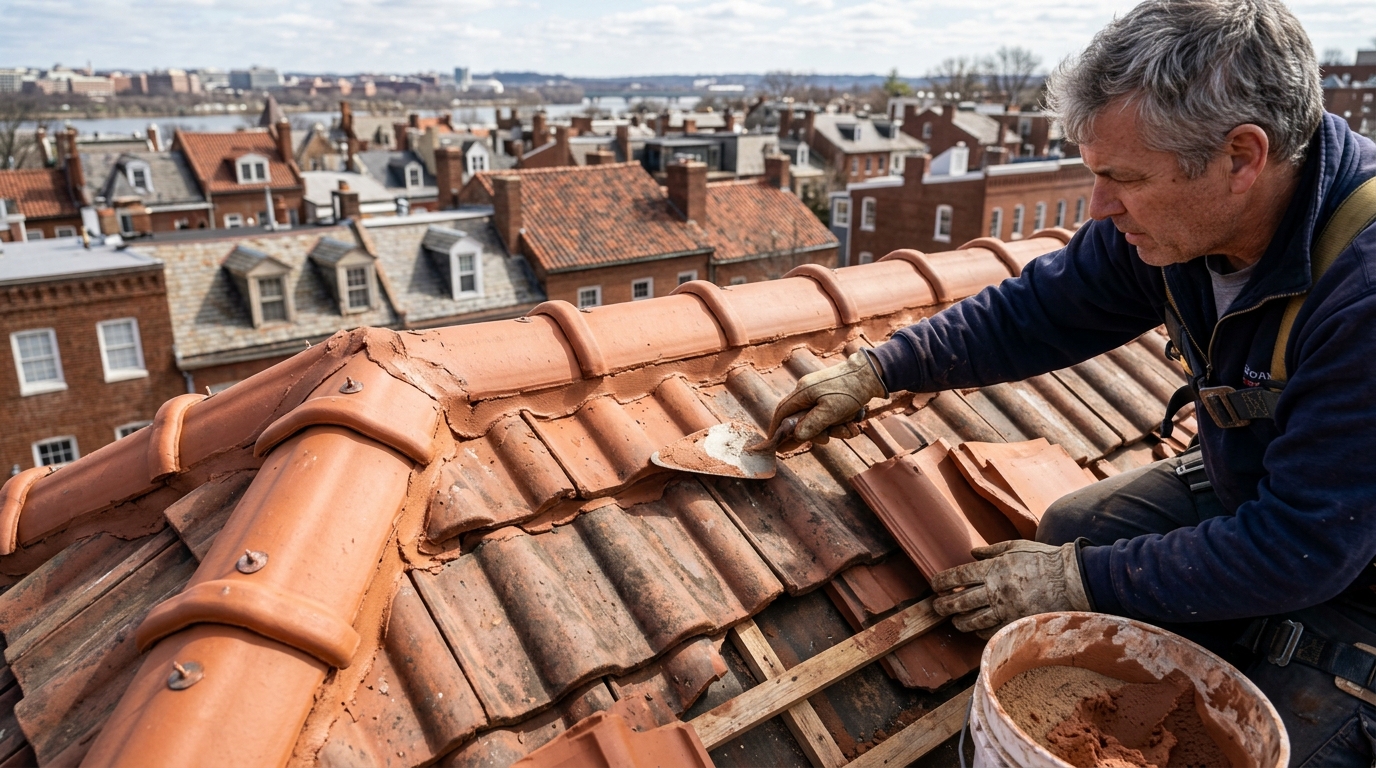 Ridge cap mortar repointing and flexible bedding on Adams Morgan & Columbia Heights tile roof