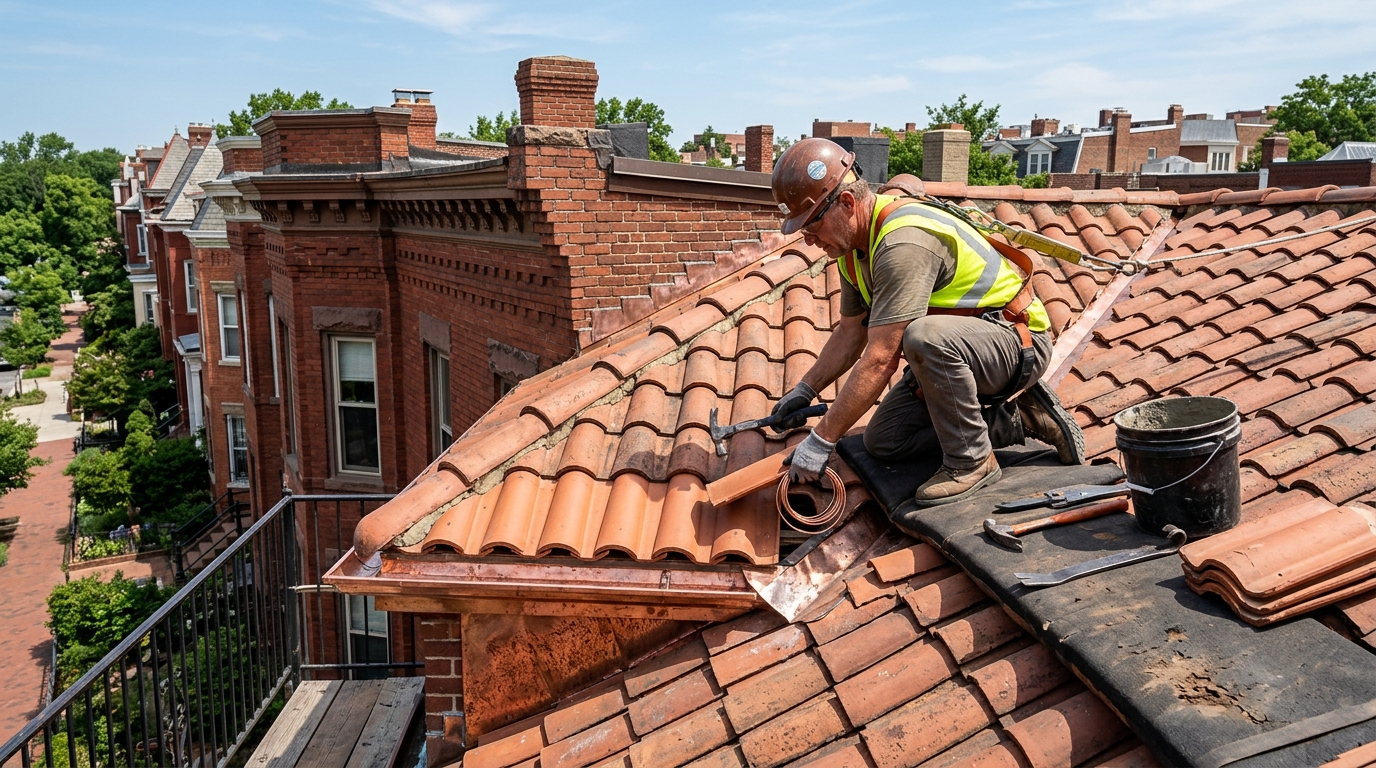 Residential clay tile roof repair and historic rowhome restoration in Washington DC