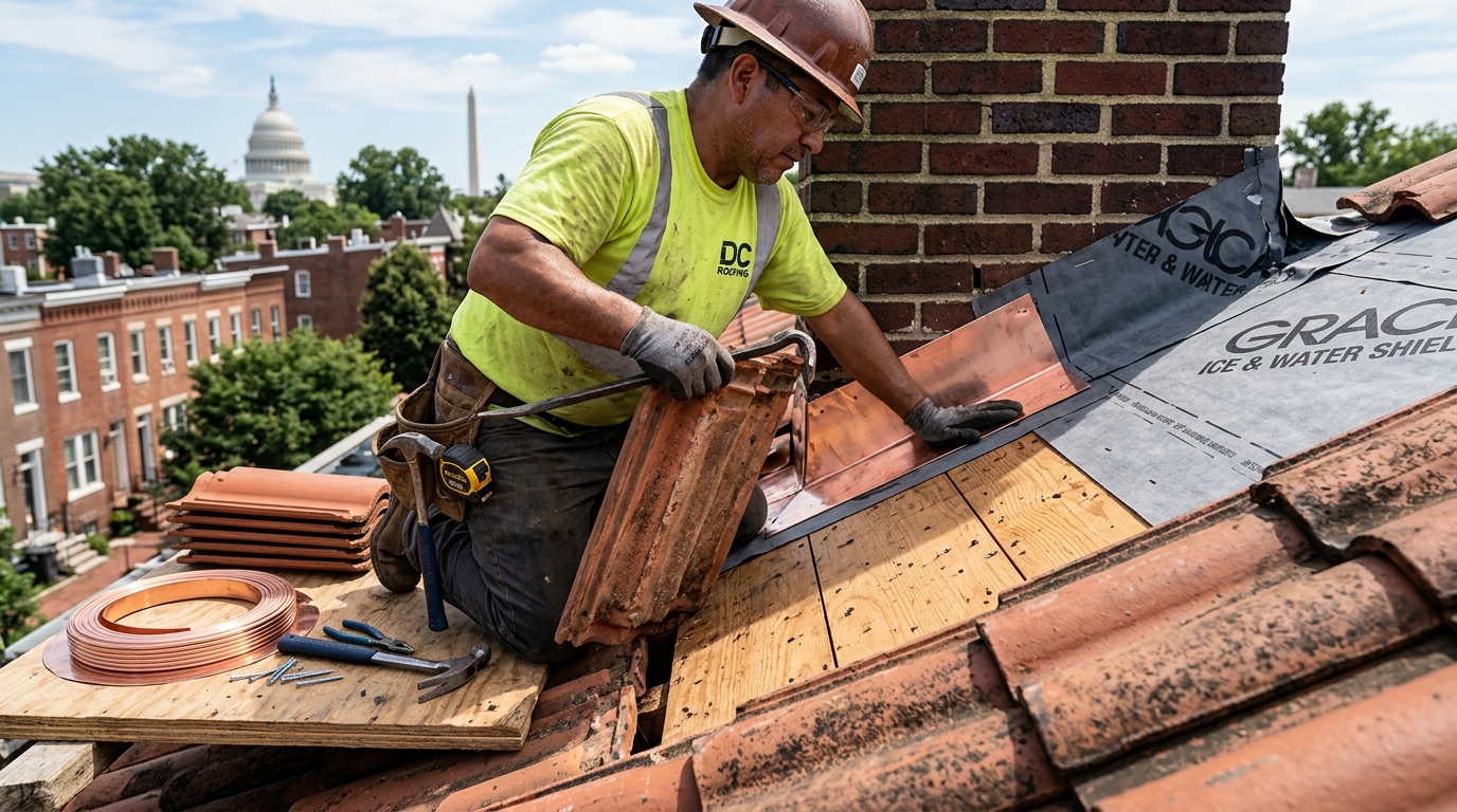 Tile roof underlayment membrane replacement and copper flashing in Adams Morgan & Columbia Heights Washington DC